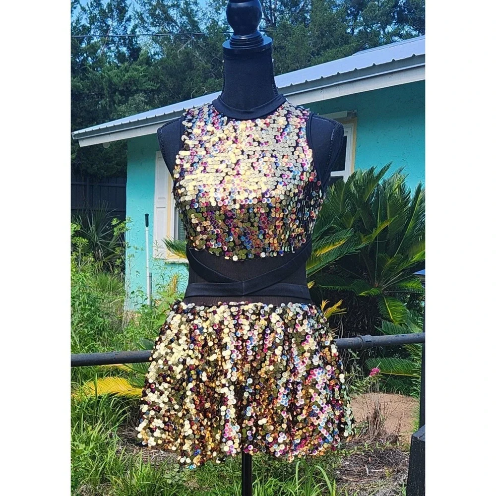 Gold Sequin Black Mesh DRESS Flare Skirt DANCE JAZZ Costume RC24605 XLC 26-30